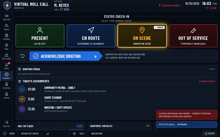 Officer check-in with status tiles