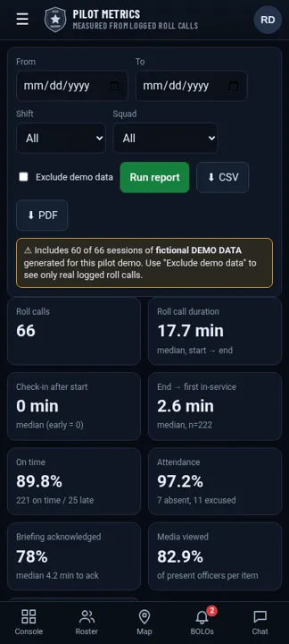 Pilot metrics on a sergeant phone (fictional demo data)